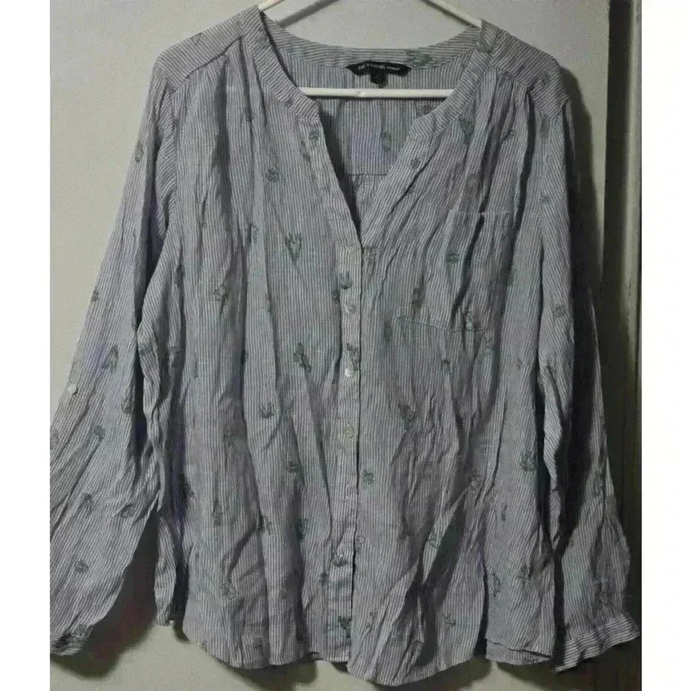 Women's Zac & Rachel Blouse, 1X, Blue & White Striped Cactus Print